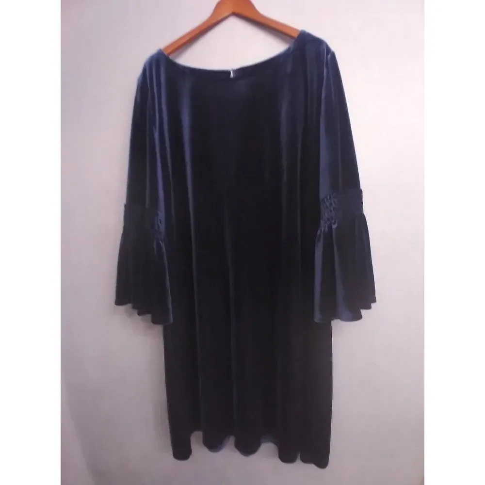 Velvet Dress Bell Sleeve Party Cocktail Evening Dress Blue Size L